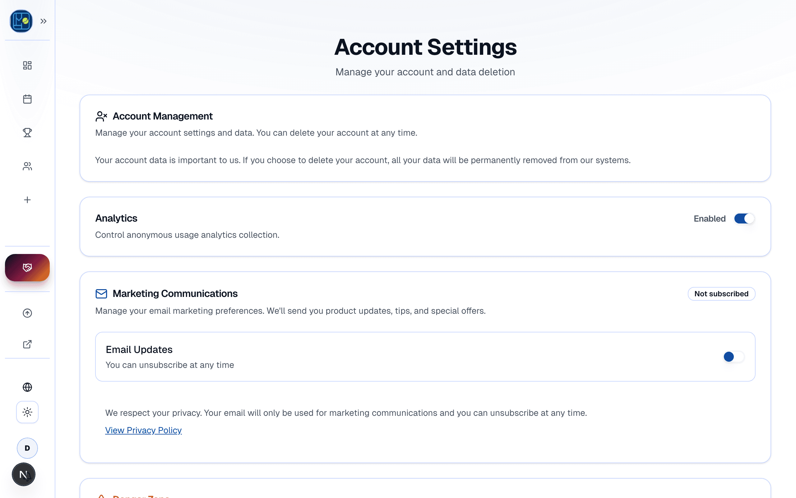The Account settings sub-page on the web — name, email, and login providers.