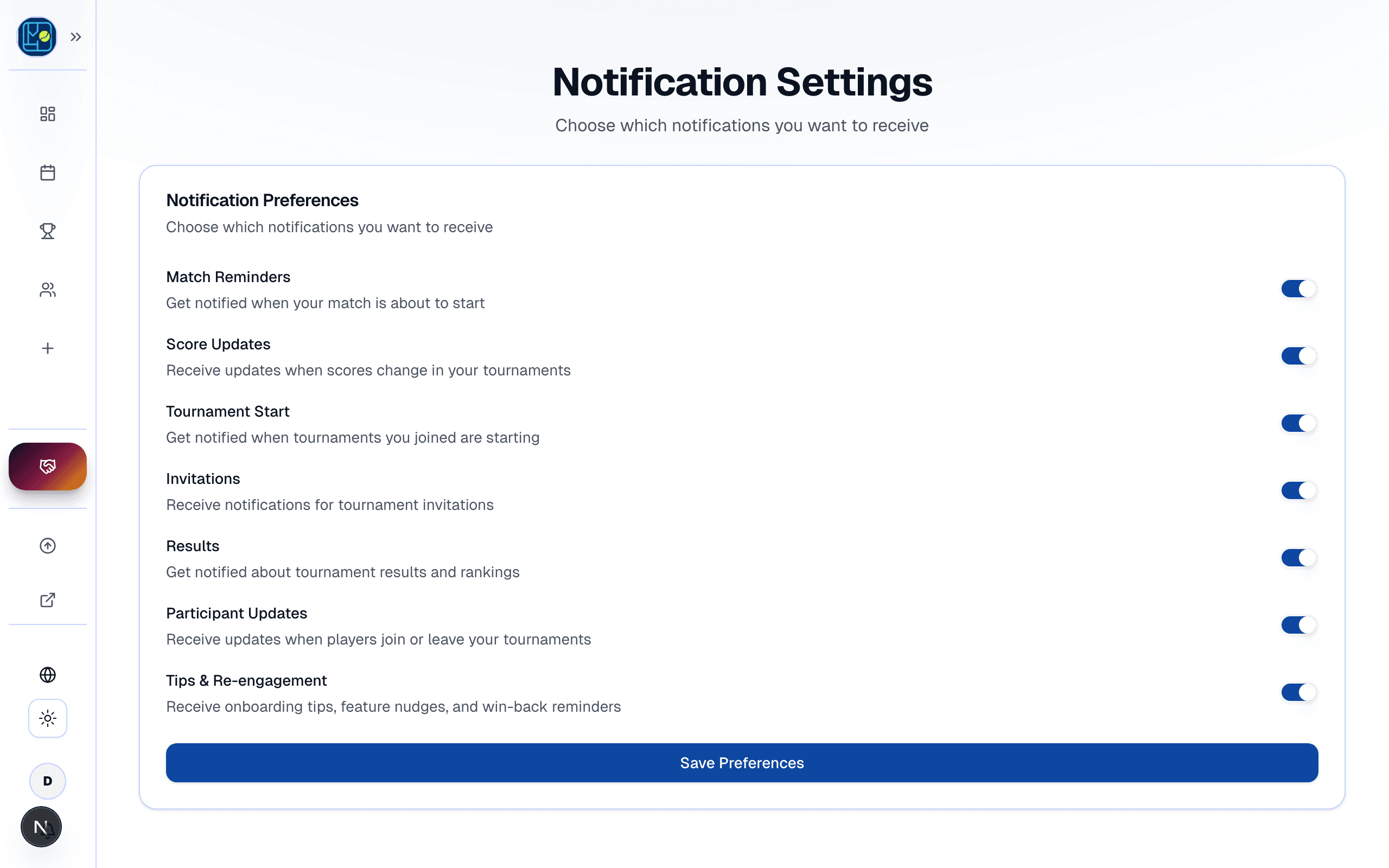 The Notifications settings sub-page — per-category toggles.