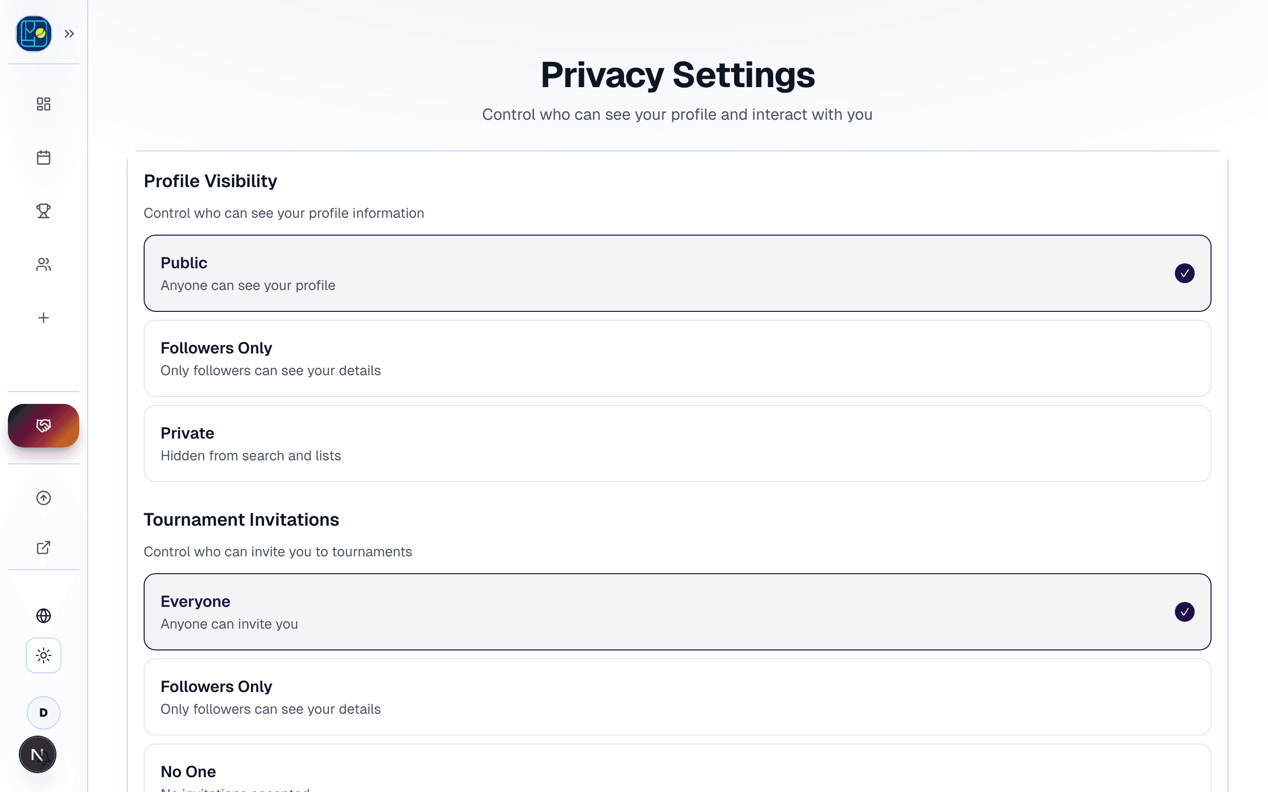 The Privacy settings sub-page — profile visibility, invitation rules, follow approval, stats display, analytics opt-out.