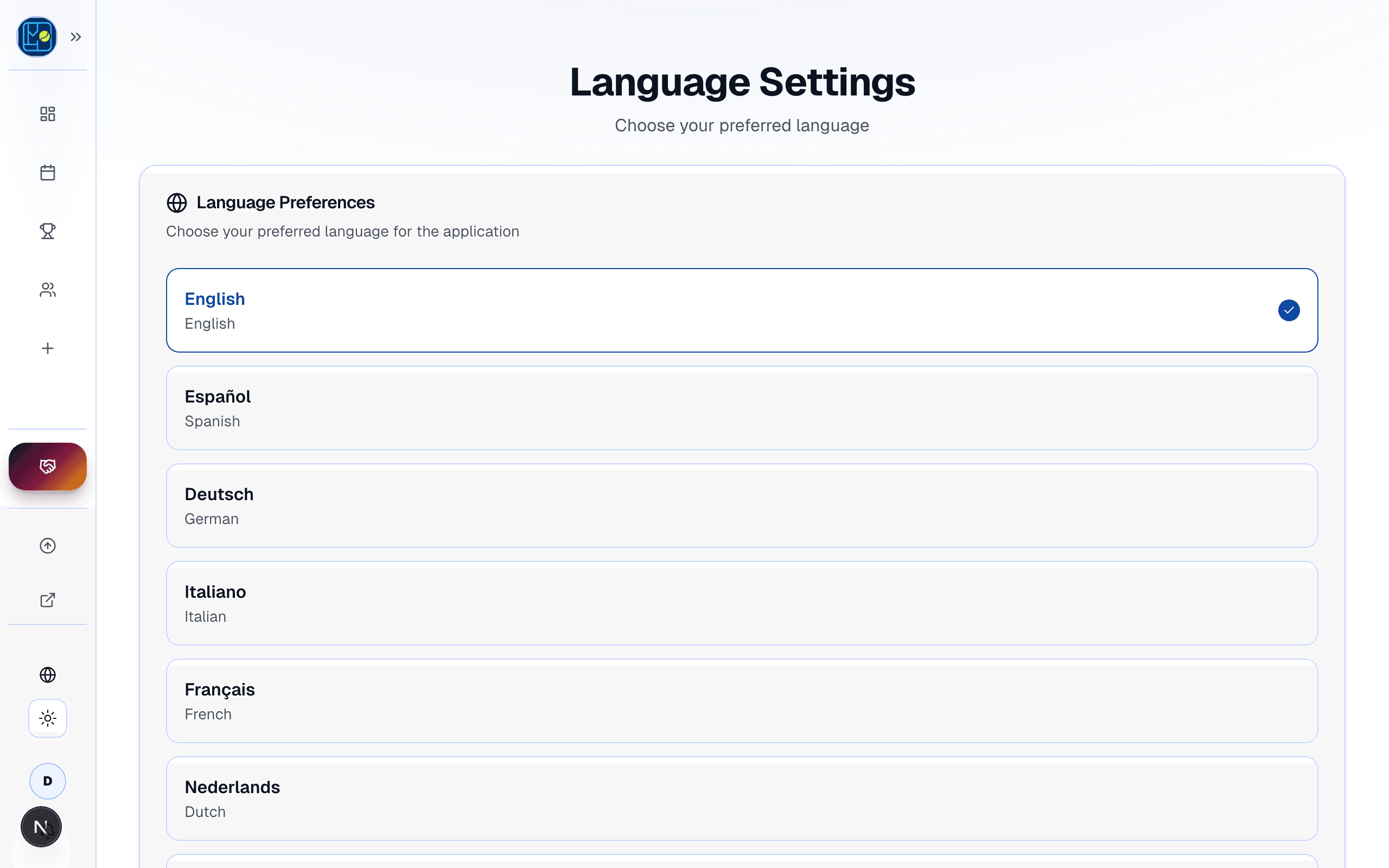 The Language settings sub-page showing the supported languages with the current selection highlighted.