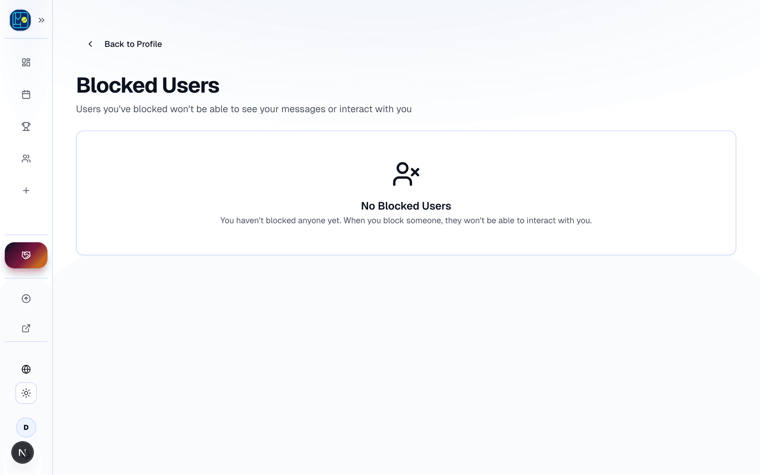 The Blocked users settings sub-page — empty state with help text explaining how to block someone from their profile.