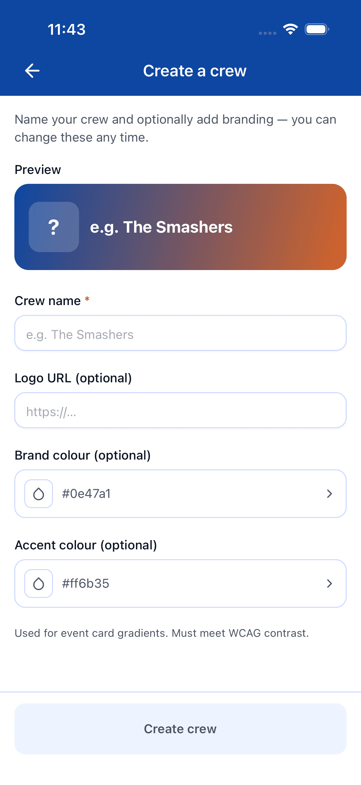 The create-crew form on mobile — name field, brand colour picker, and logo upload at the top of the screen.