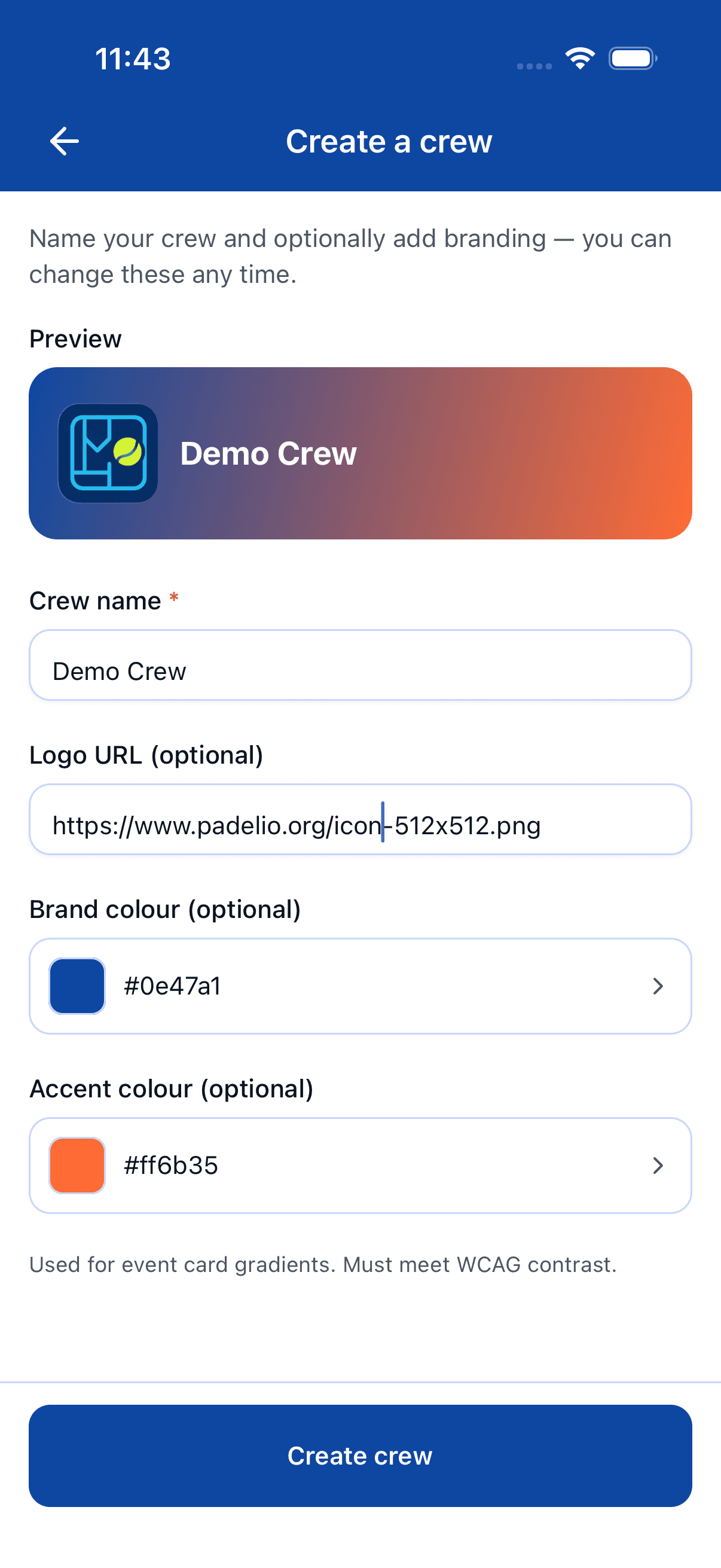 The full create-crew form on mobile — brand colour swatches, accent colour, and the create button at the bottom.