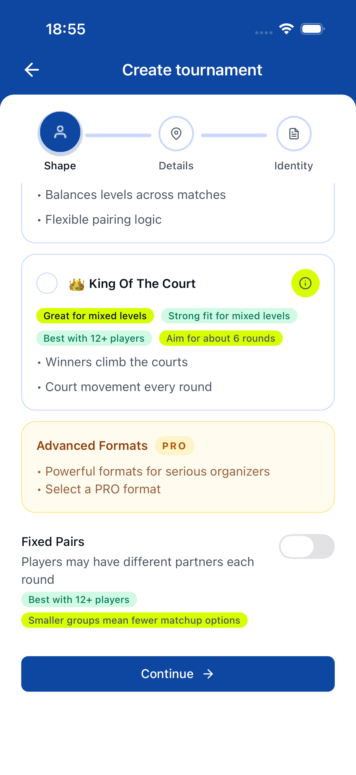 The tournament form overview on mobile — name, courts, round duration, and other basic fields.