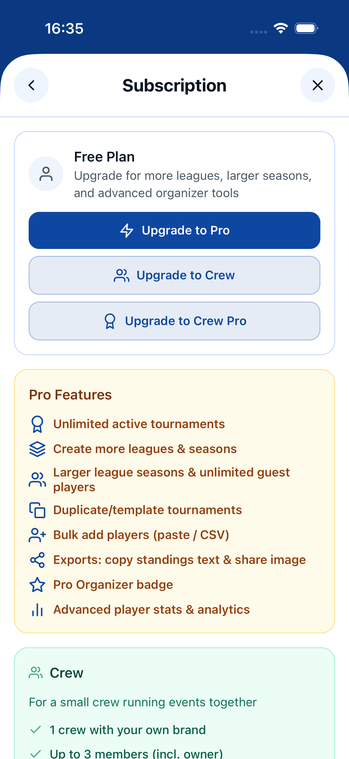 The Subscription screen on mobile — current plan summary at the top with the upgrade options below.