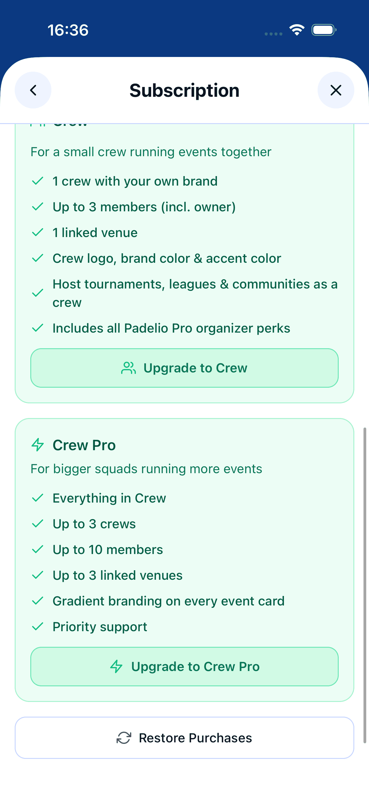 The full subscription plan list on mobile — Crew, Crew Pro, Club, and Club Pro tiers with monthly and annual prices.