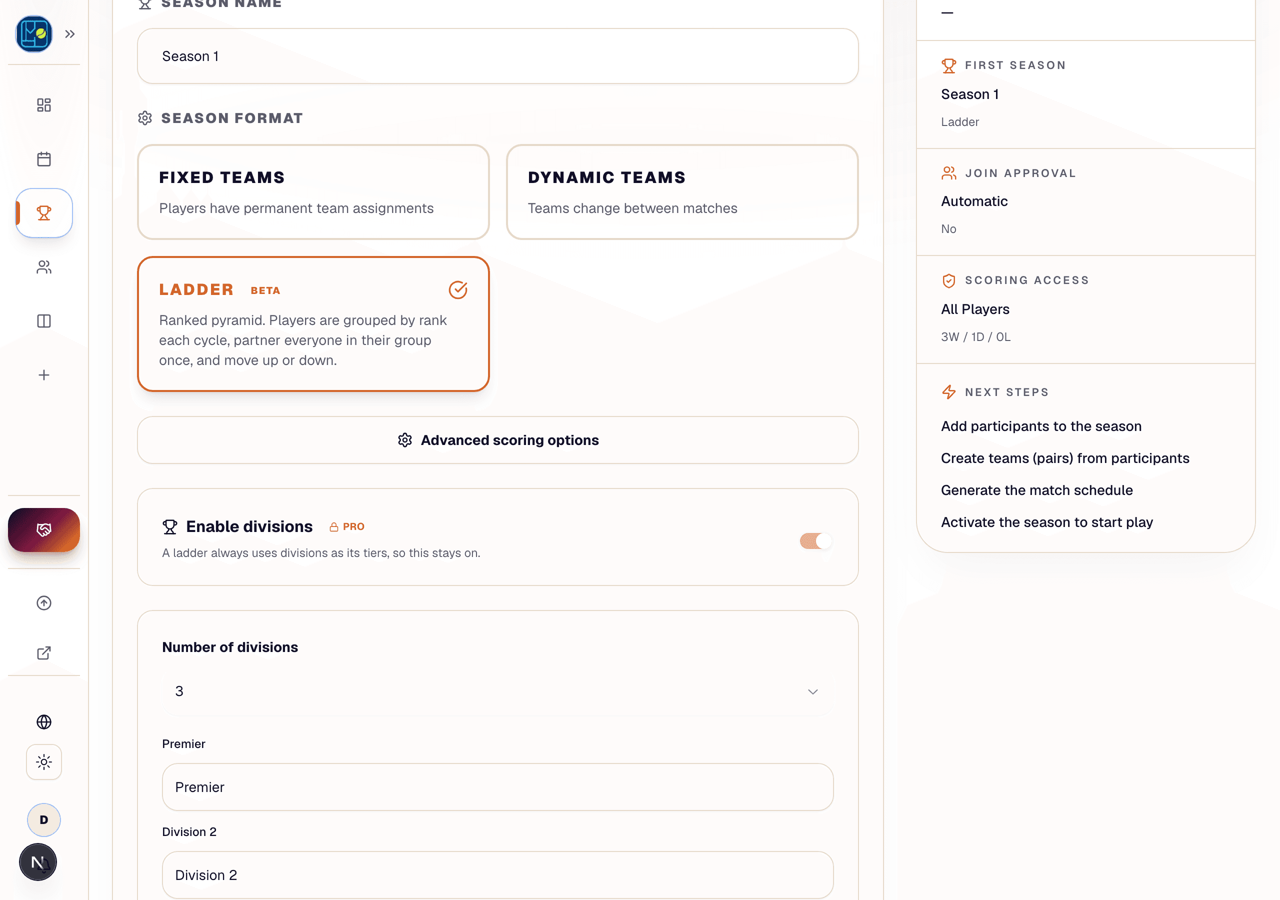 The season format step of the create-league form with Ladder selected — the card carries a Beta pill, and below it the Enable divisions toggle is on and locked, explaining that a ladder always uses divisions as its tiers.