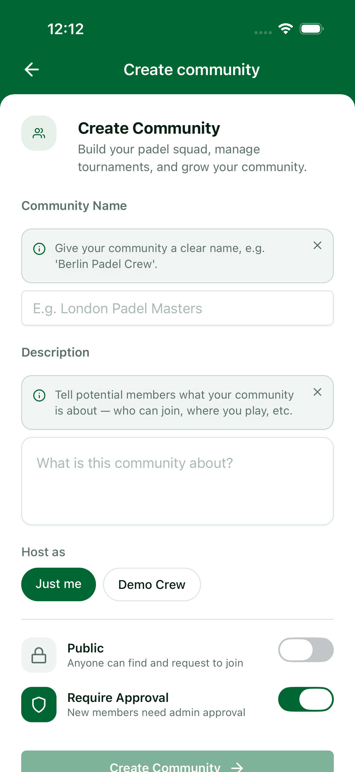 The create-community form on mobile — name, description, and cover-image upload at the top of the screen.