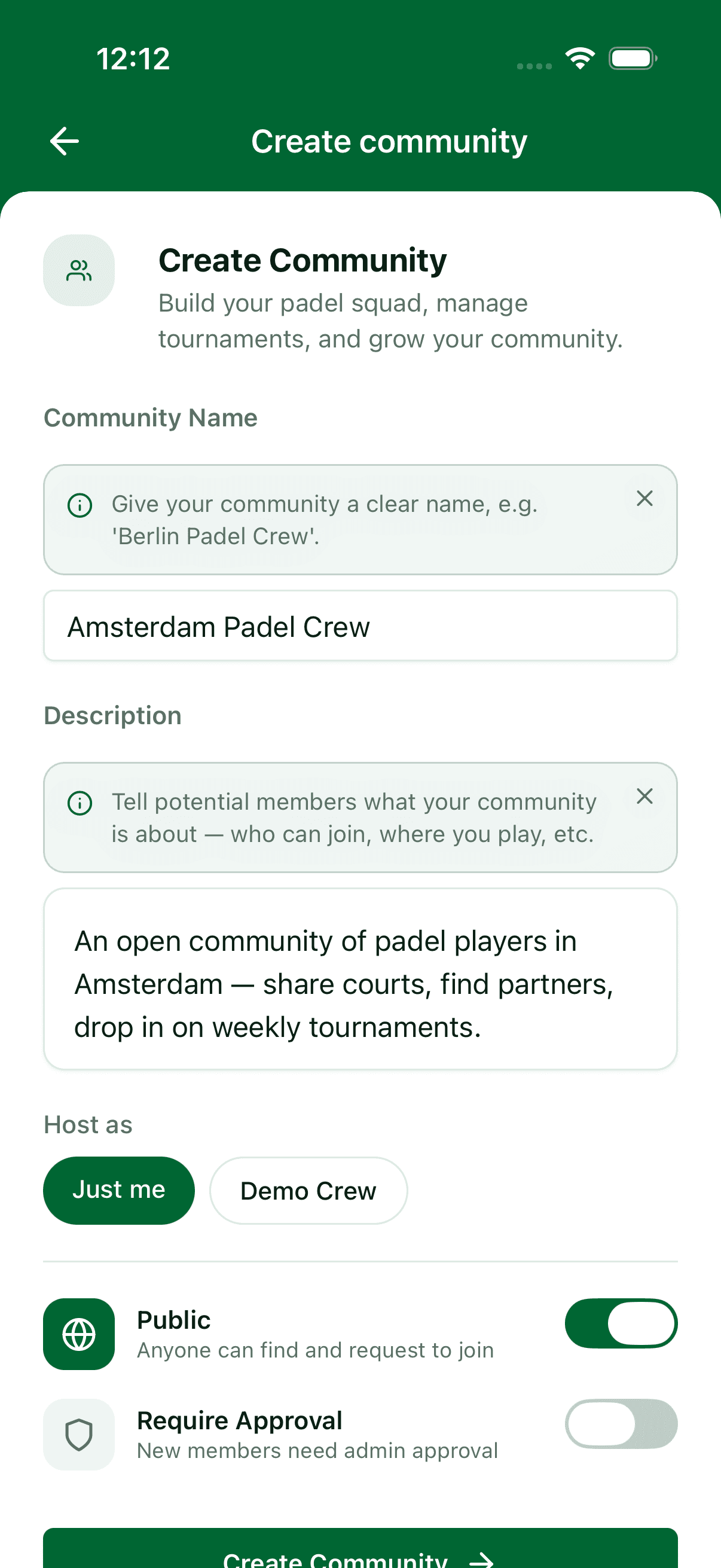 The full create-community form on mobile — name, description, public/private toggle, and the create button.