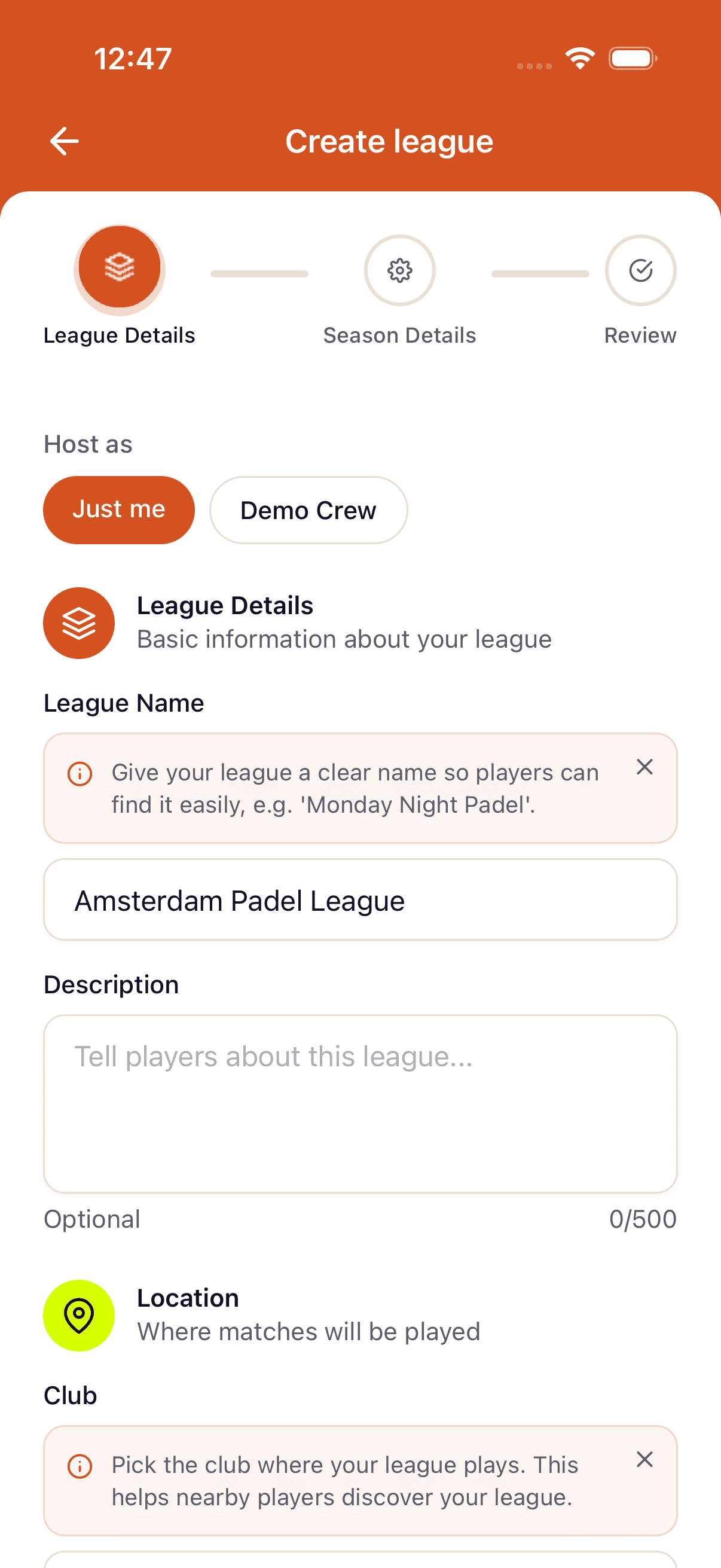 The create-league form on mobile — name, description, and the fixed-vs-dynamic teams toggle near the top.