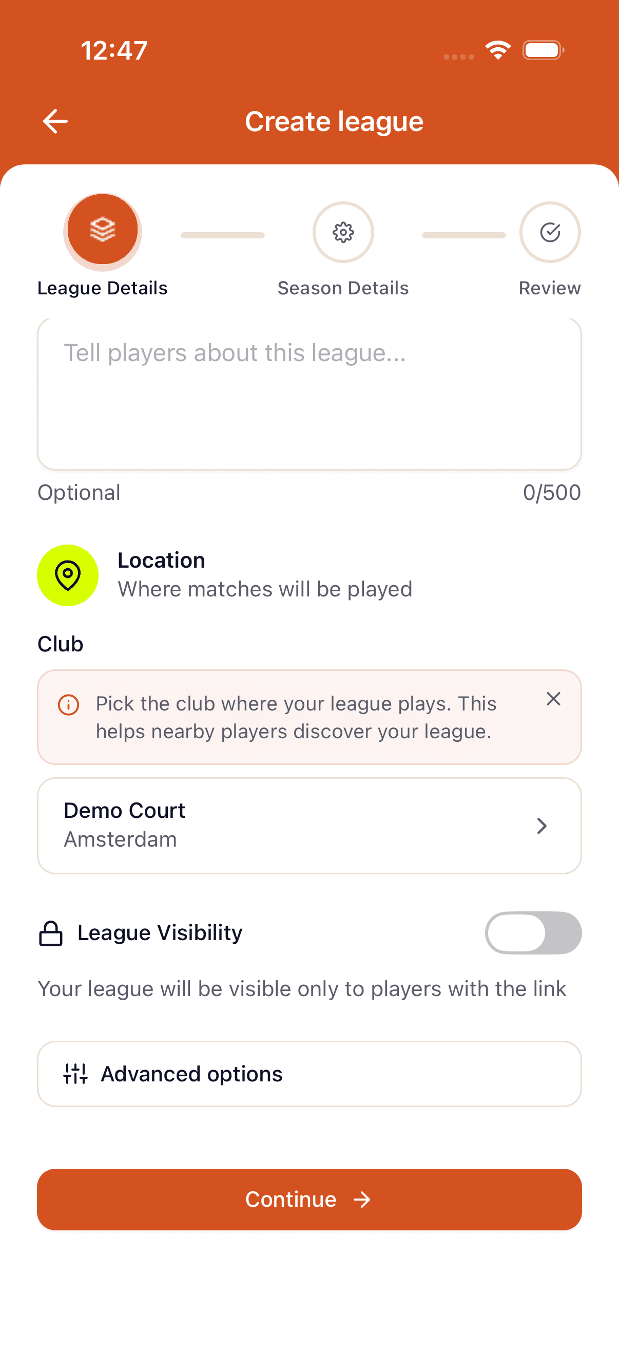 The full create-league form on mobile — name, description, cover image, and crew/community link selectors.