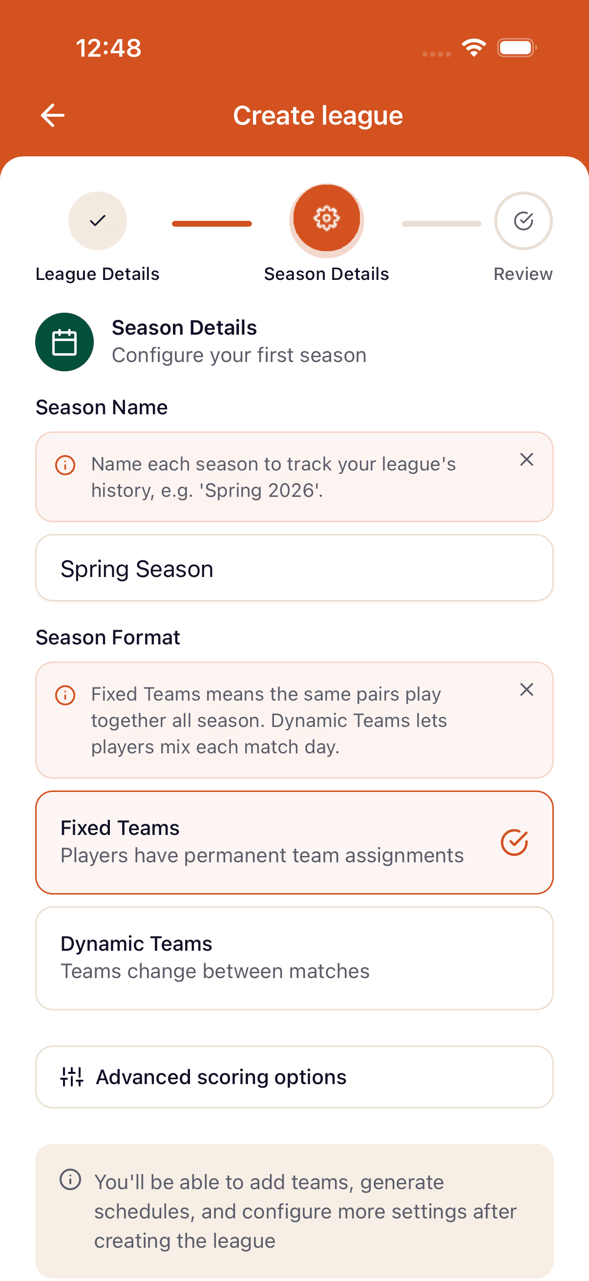 Season 1 draft settings on mobile — season name, dates, format, and status badge.