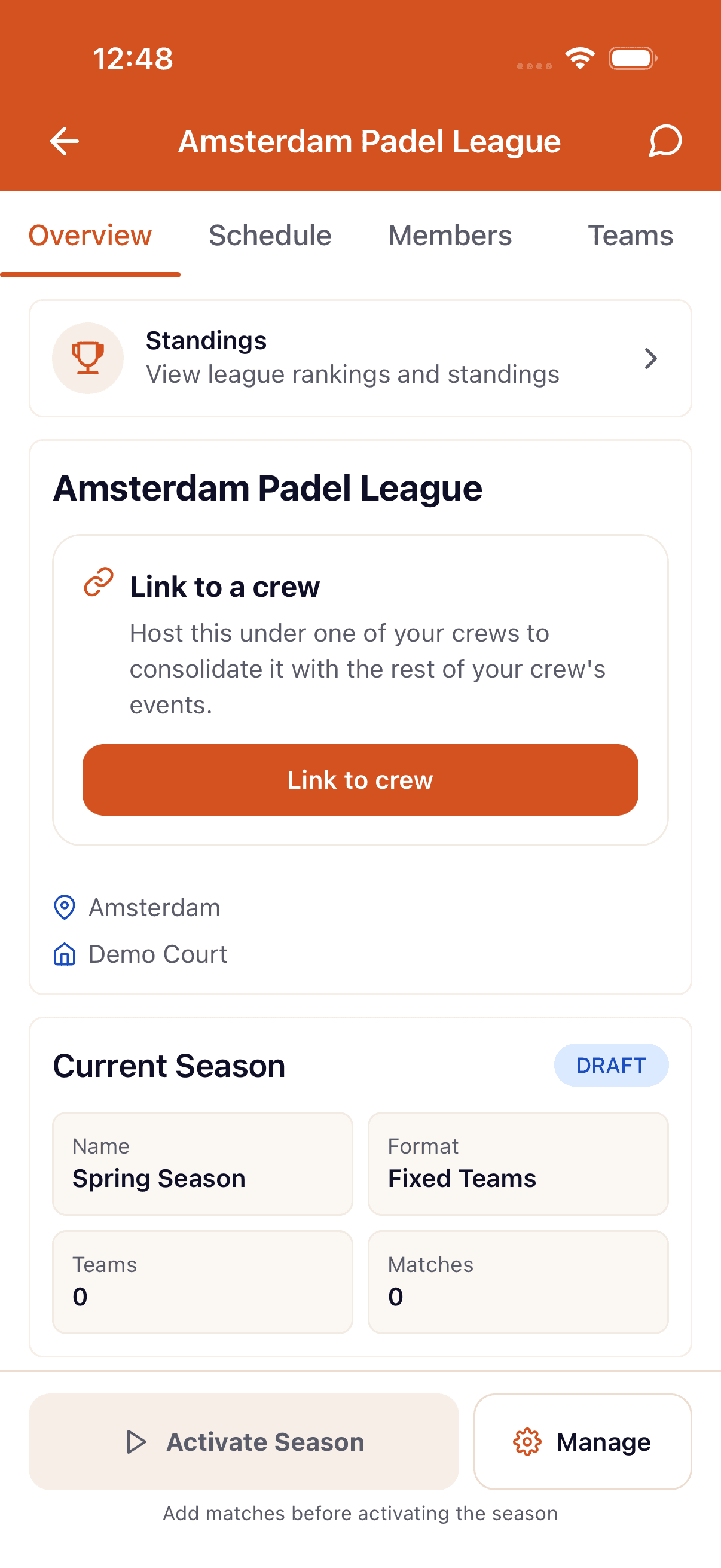 The league detail page on mobile after creation — Season 1 in Draft state with an Add teams call to action.