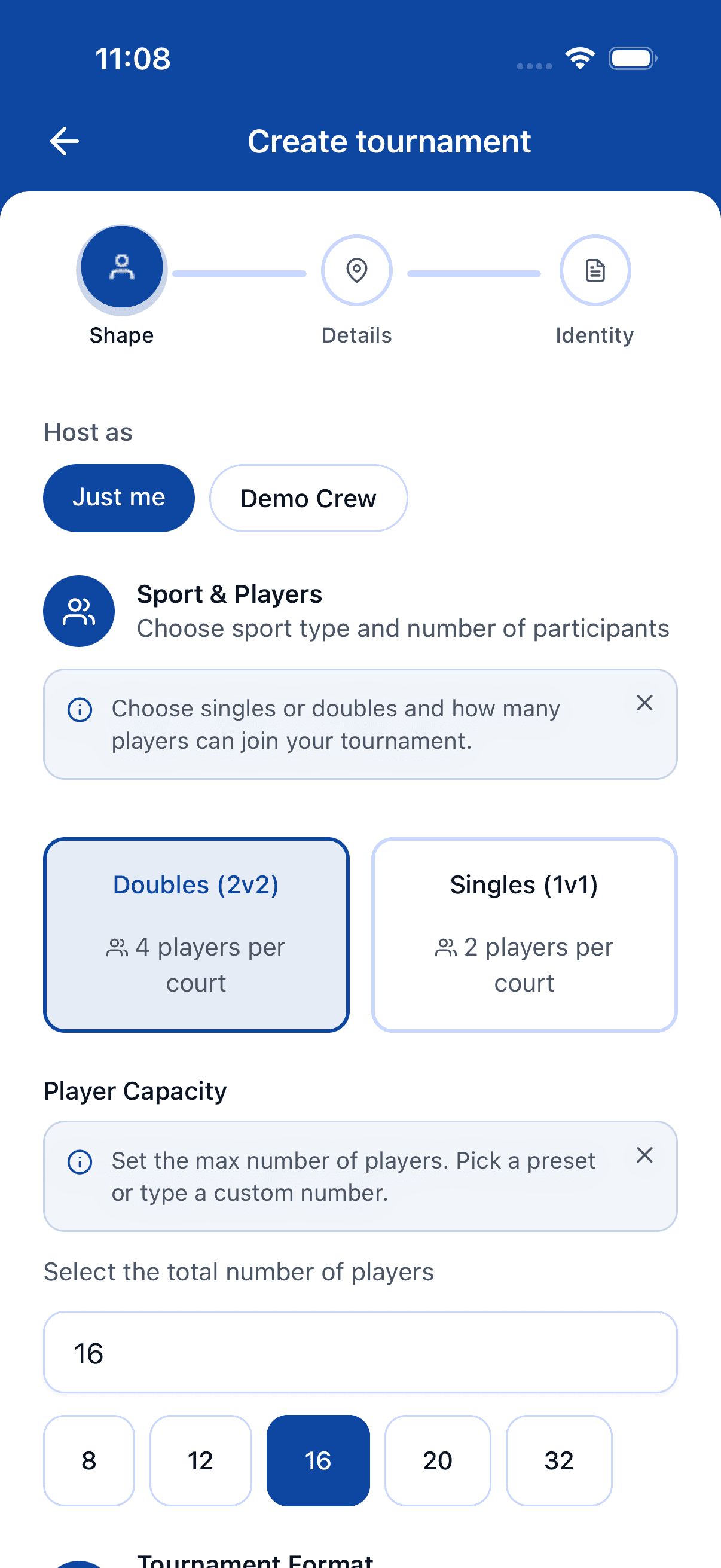Step 1 of the create-tournament wizard on mobile — Sport & Players section with sport-type toggle and capacity buttons.