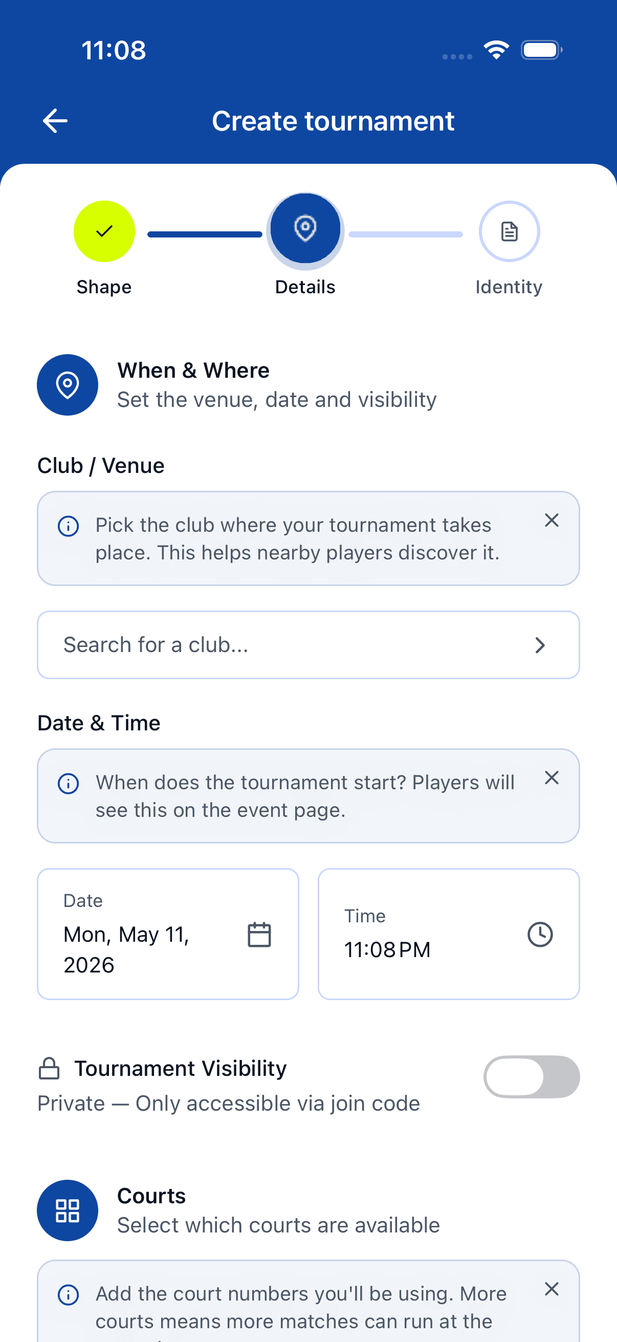 Step 2 of the create-tournament wizard on mobile — When & Where, Skill & Pricing, and Courts sections stacked vertically.