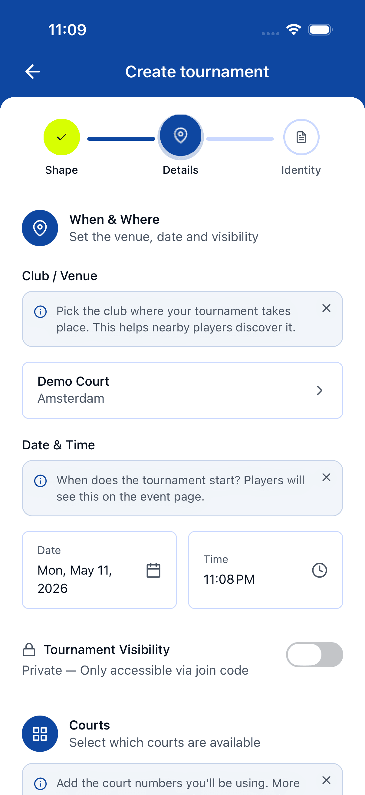 Step 2 with a club selected — venue card filled in, level range, and entry fee visible below.