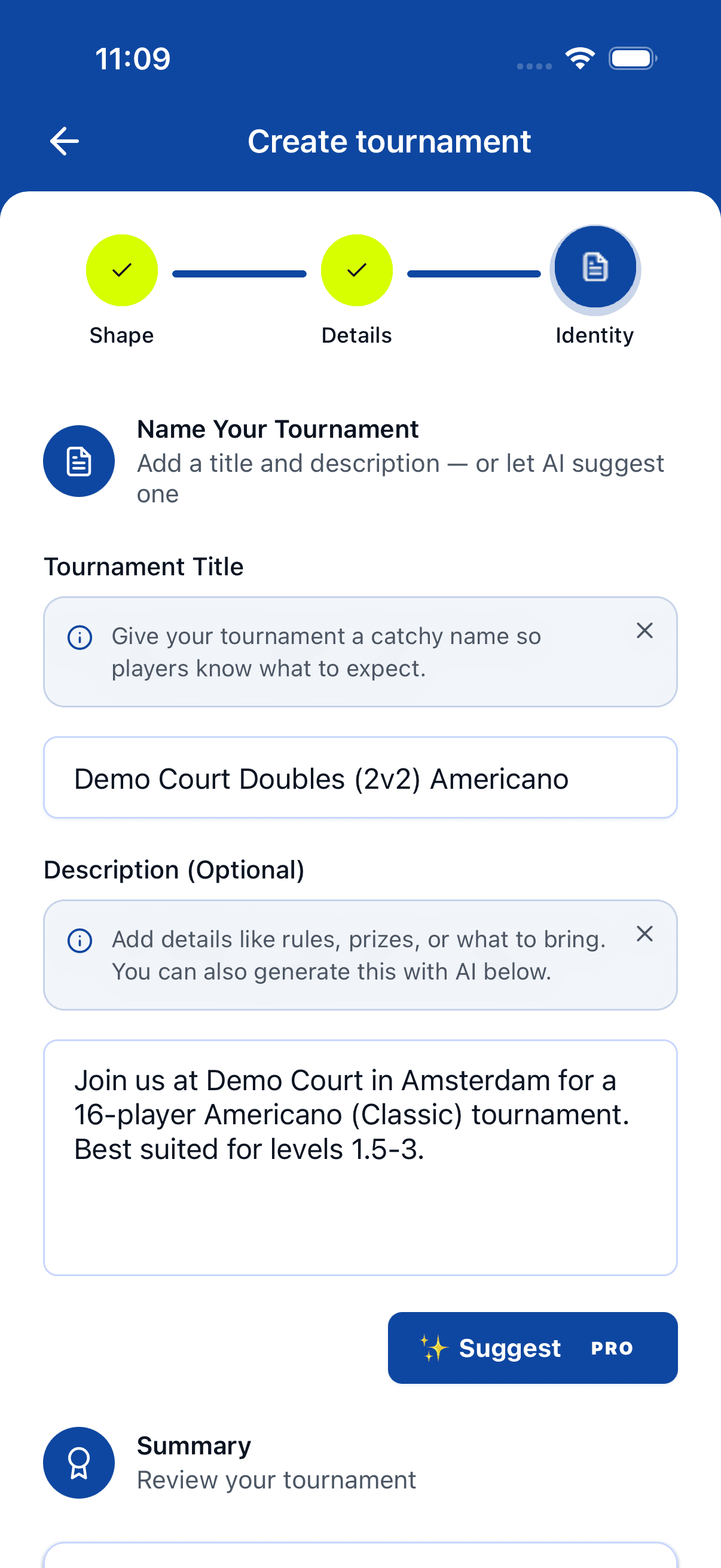 Step 3 of the create-tournament wizard on mobile — Name & description with the AI Generate button and Join as participant toggle.