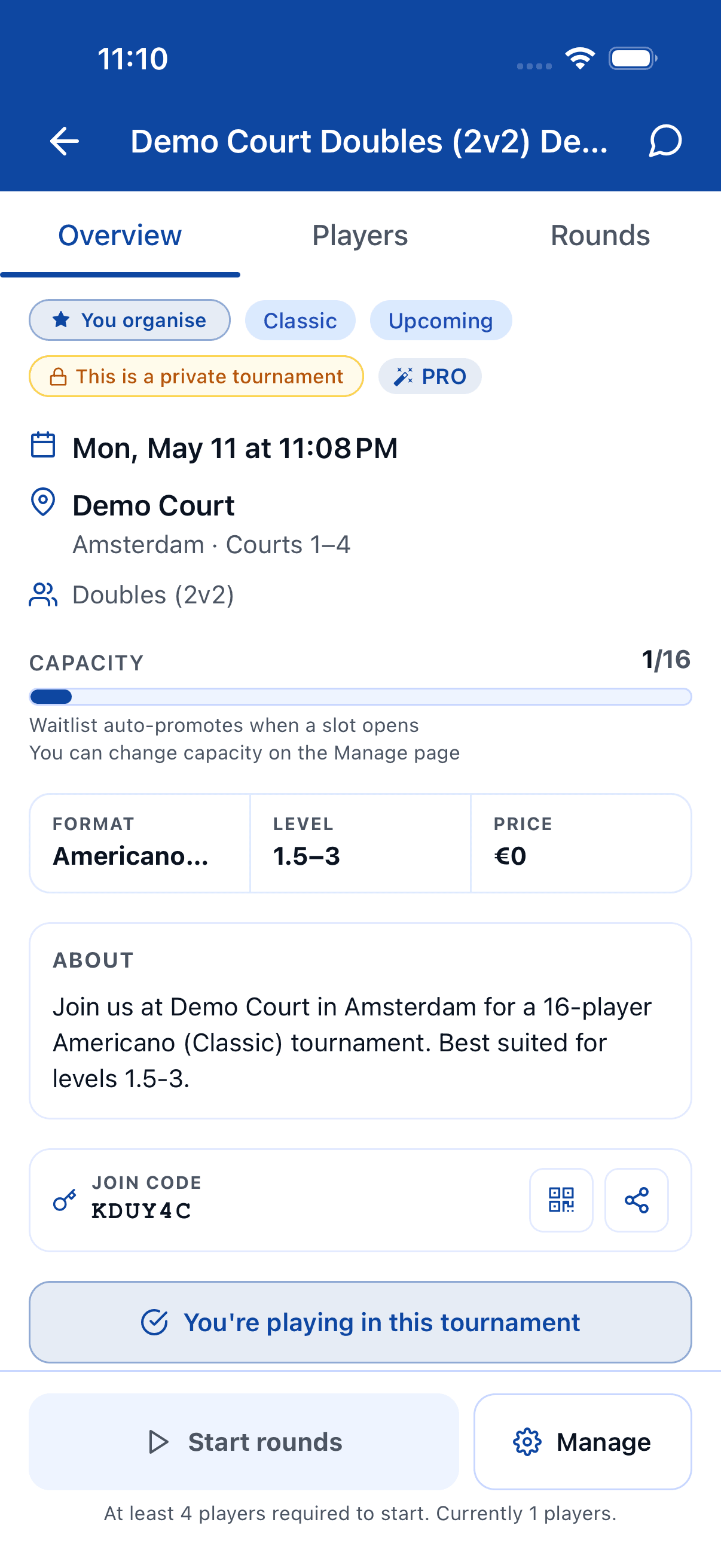 The tournament detail page on mobile right after creation — header with tournament name, players placeholder, and Start round button.